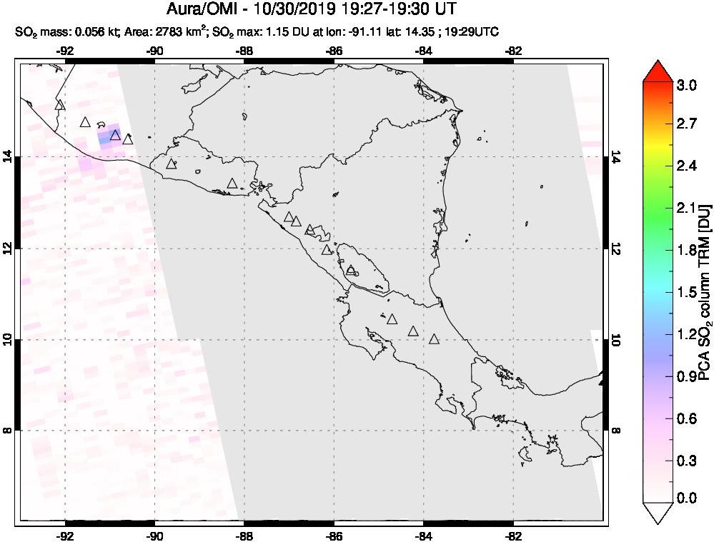 A sulfur dioxide image over Central America on Oct 30, 2019.