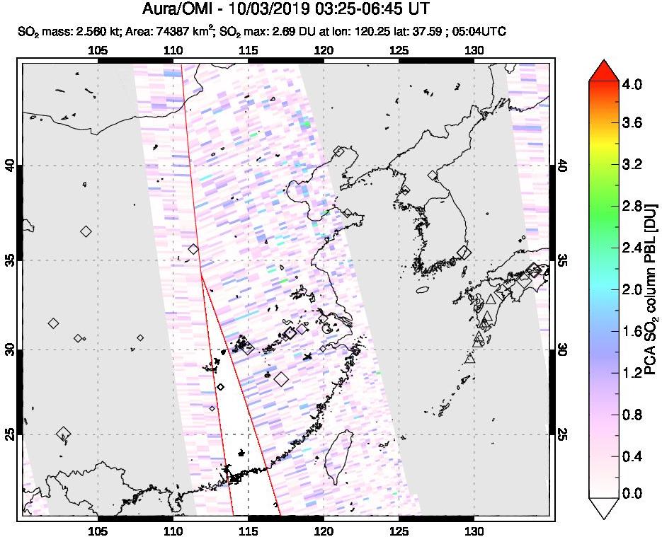 A sulfur dioxide image over Eastern China on Oct 03, 2019.