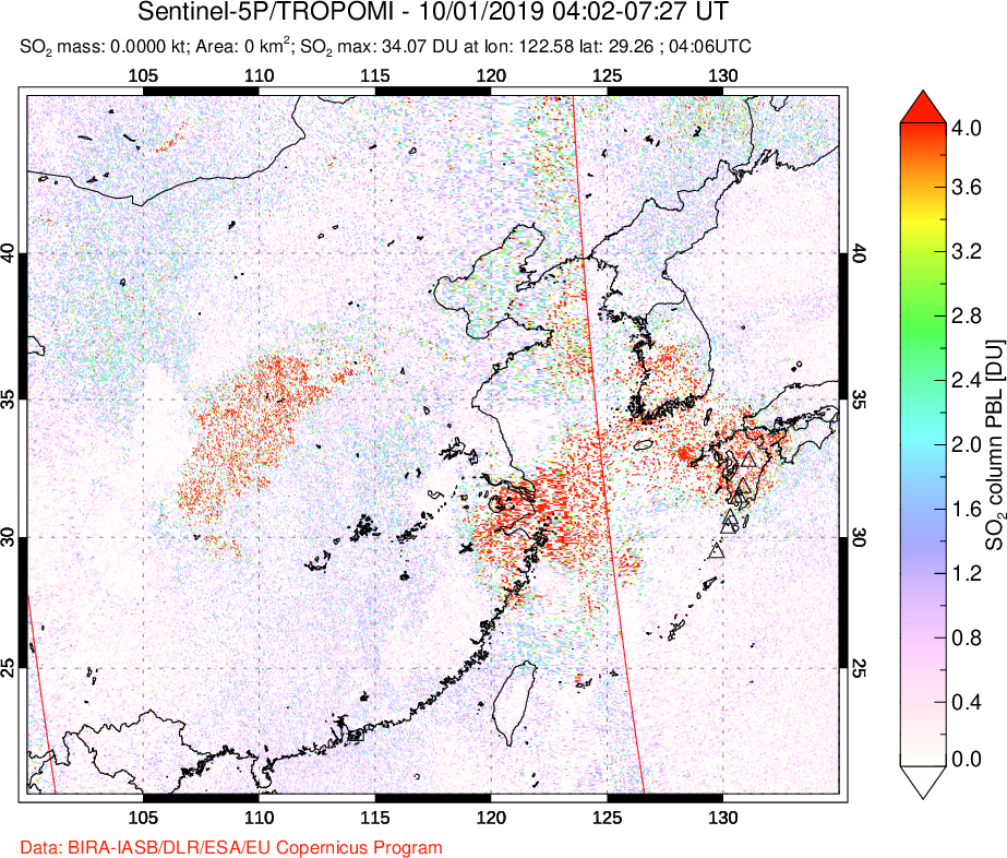 A sulfur dioxide image over Eastern China on Oct 01, 2019.
