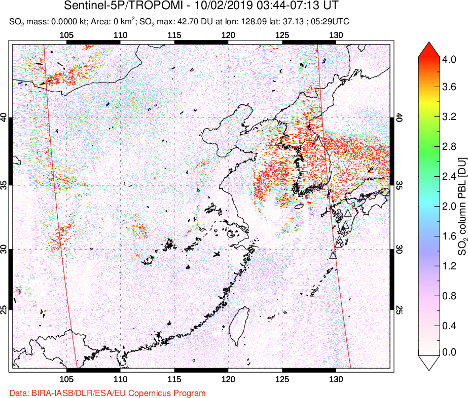 A sulfur dioxide image over Eastern China on Oct 02, 2019.