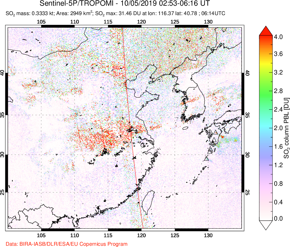 A sulfur dioxide image over Eastern China on Oct 05, 2019.