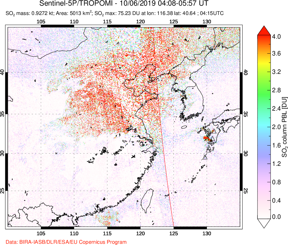 A sulfur dioxide image over Eastern China on Oct 06, 2019.