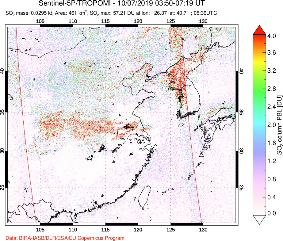 A sulfur dioxide image over Eastern China on Oct 07, 2019.
