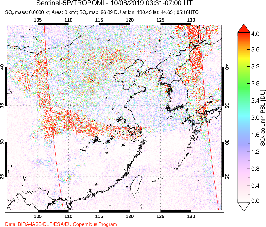 A sulfur dioxide image over Eastern China on Oct 08, 2019.