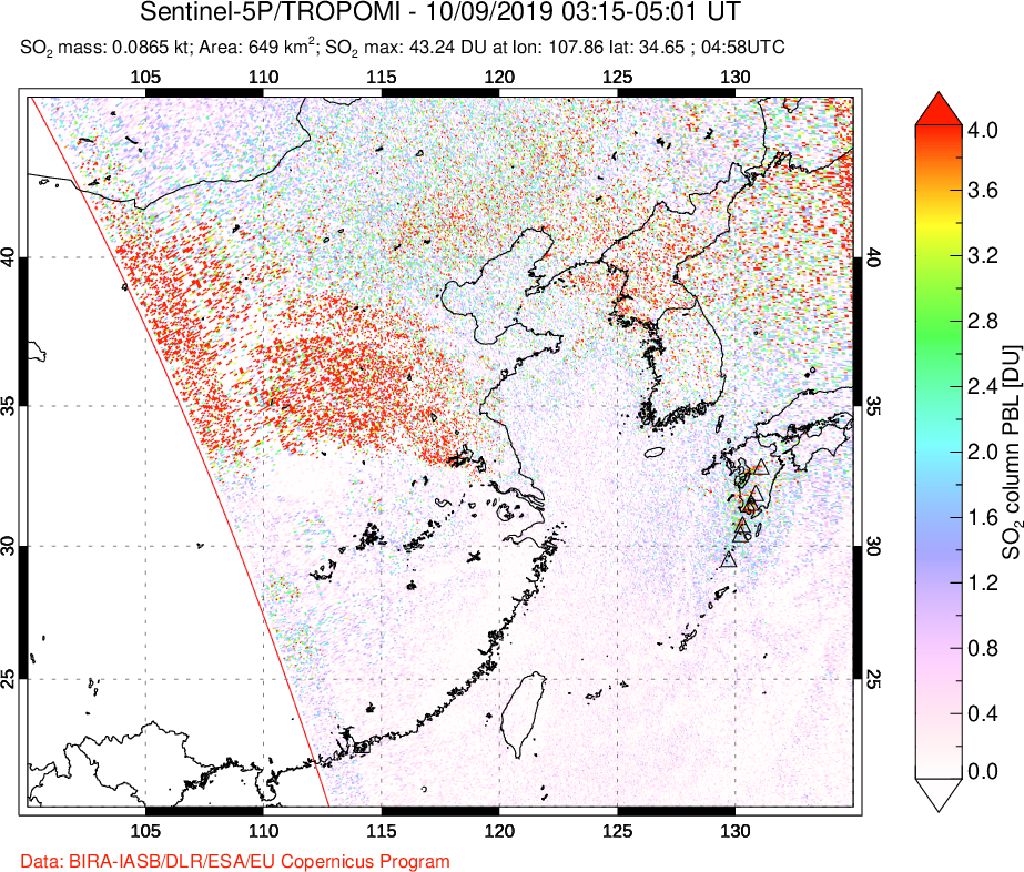 A sulfur dioxide image over Eastern China on Oct 09, 2019.