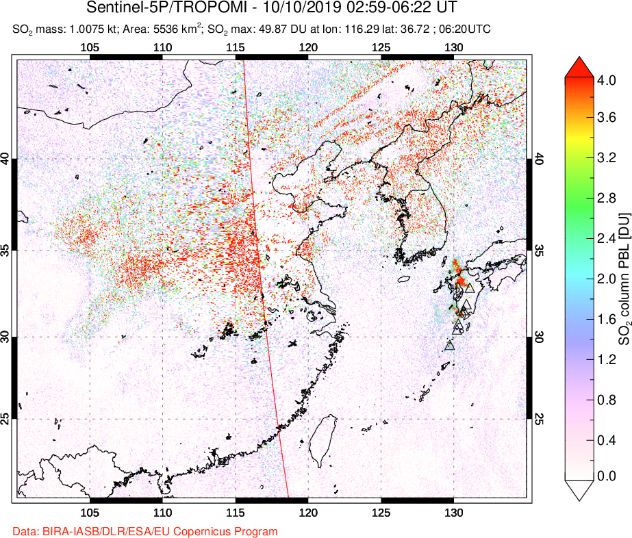 A sulfur dioxide image over Eastern China on Oct 10, 2019.