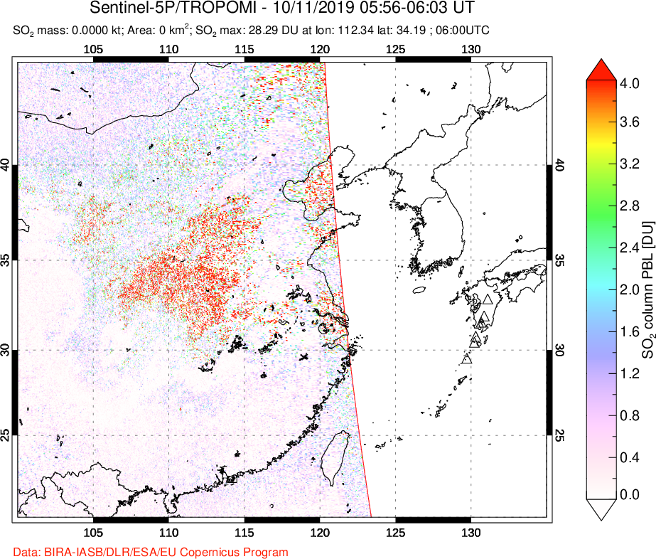 A sulfur dioxide image over Eastern China on Oct 11, 2019.