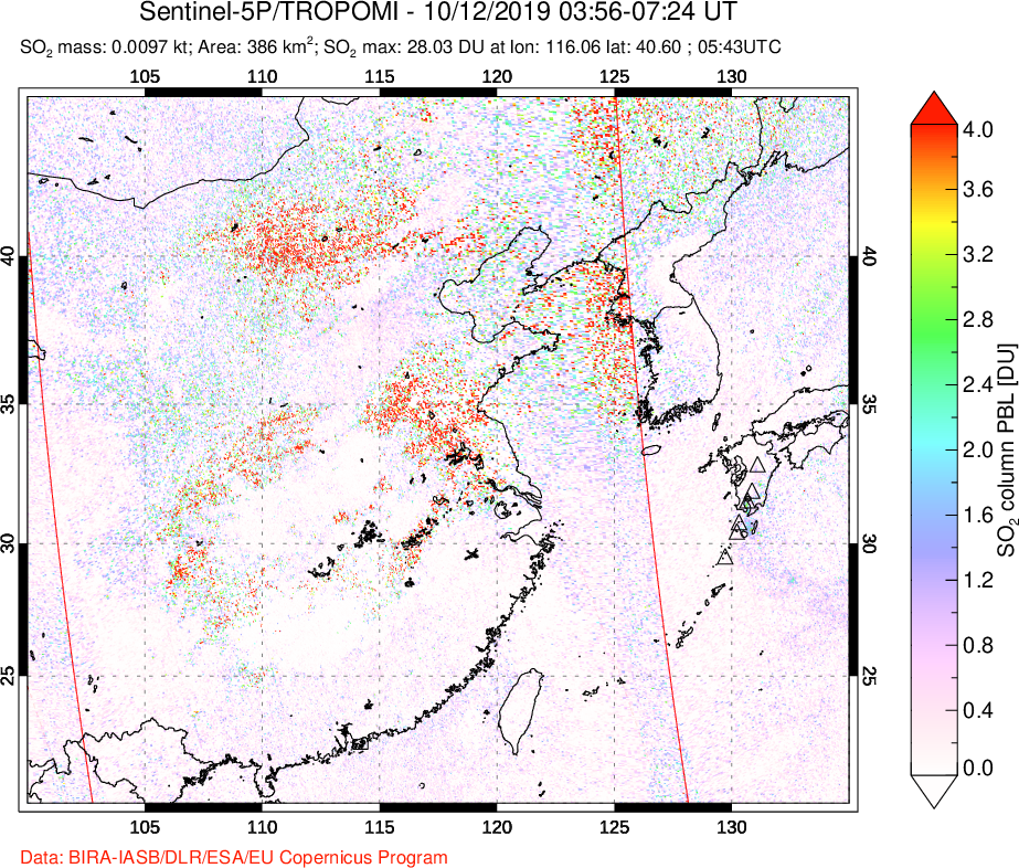 A sulfur dioxide image over Eastern China on Oct 12, 2019.
