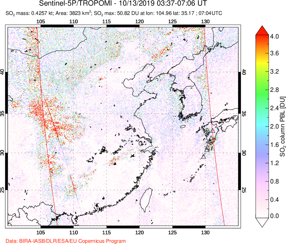 A sulfur dioxide image over Eastern China on Oct 13, 2019.