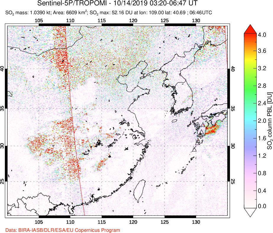 A sulfur dioxide image over Eastern China on Oct 14, 2019.