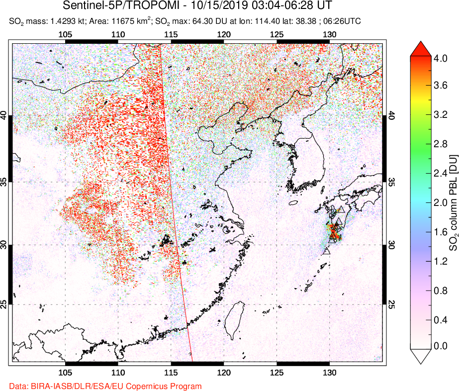 A sulfur dioxide image over Eastern China on Oct 15, 2019.