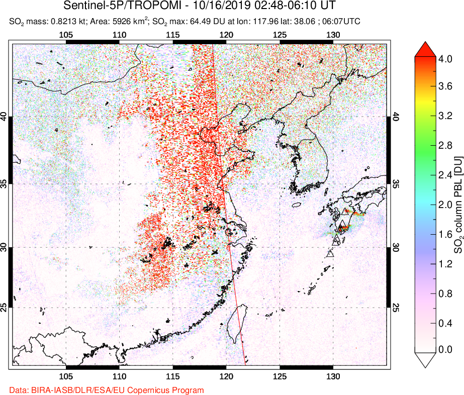 A sulfur dioxide image over Eastern China on Oct 16, 2019.