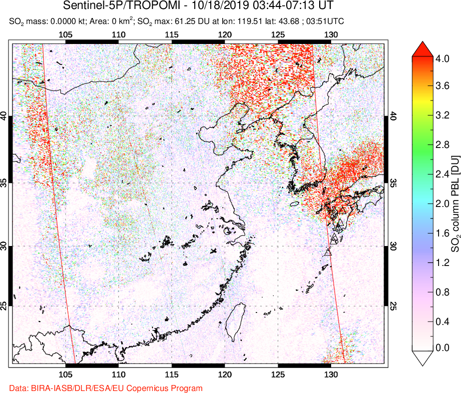 A sulfur dioxide image over Eastern China on Oct 18, 2019.