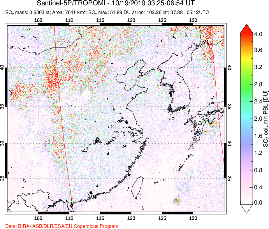 A sulfur dioxide image over Eastern China on Oct 19, 2019.