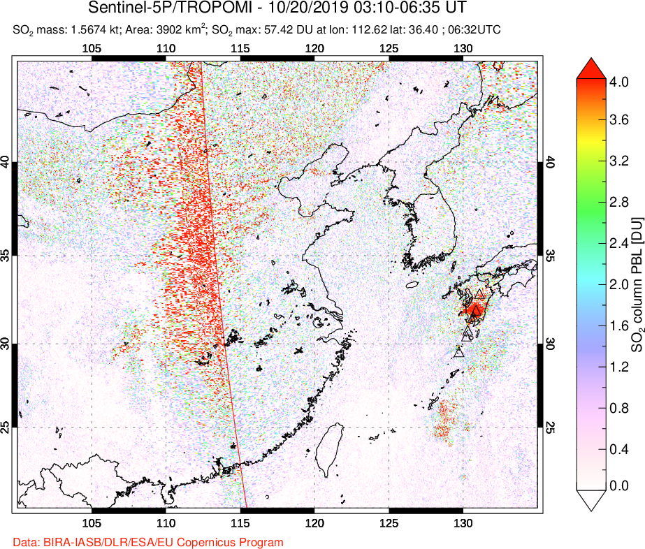 A sulfur dioxide image over Eastern China on Oct 20, 2019.