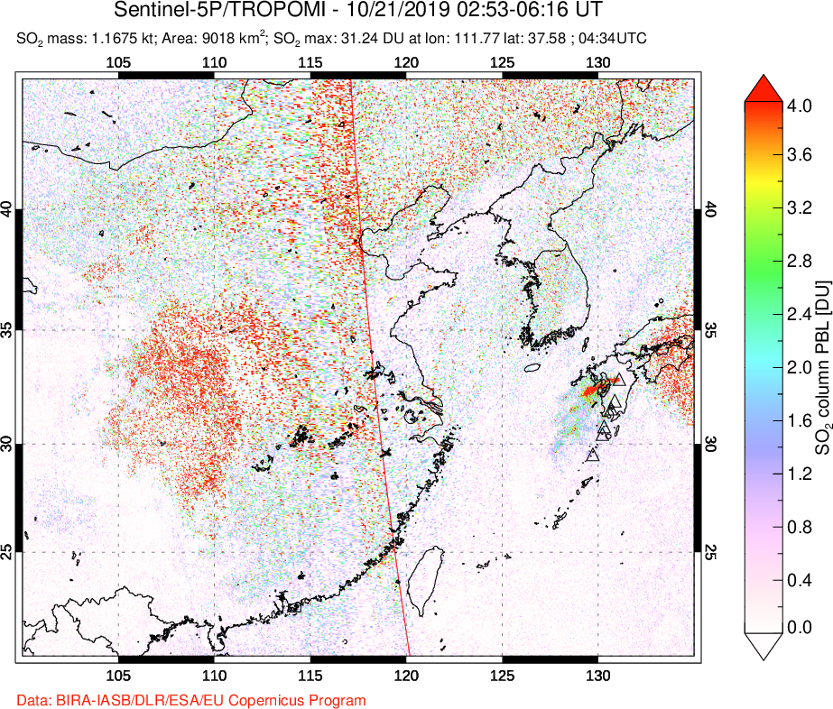 A sulfur dioxide image over Eastern China on Oct 21, 2019.