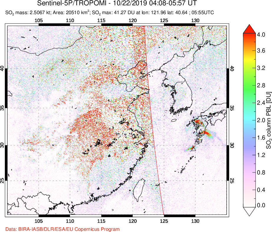 A sulfur dioxide image over Eastern China on Oct 22, 2019.