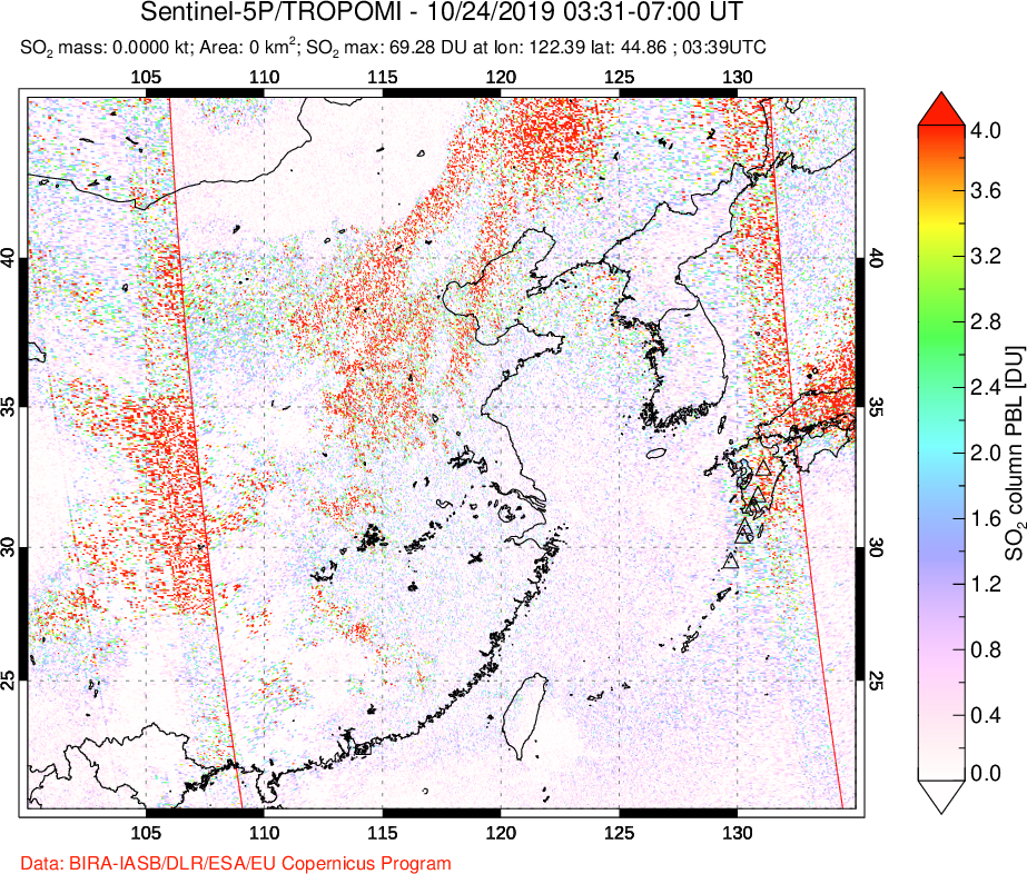 A sulfur dioxide image over Eastern China on Oct 24, 2019.