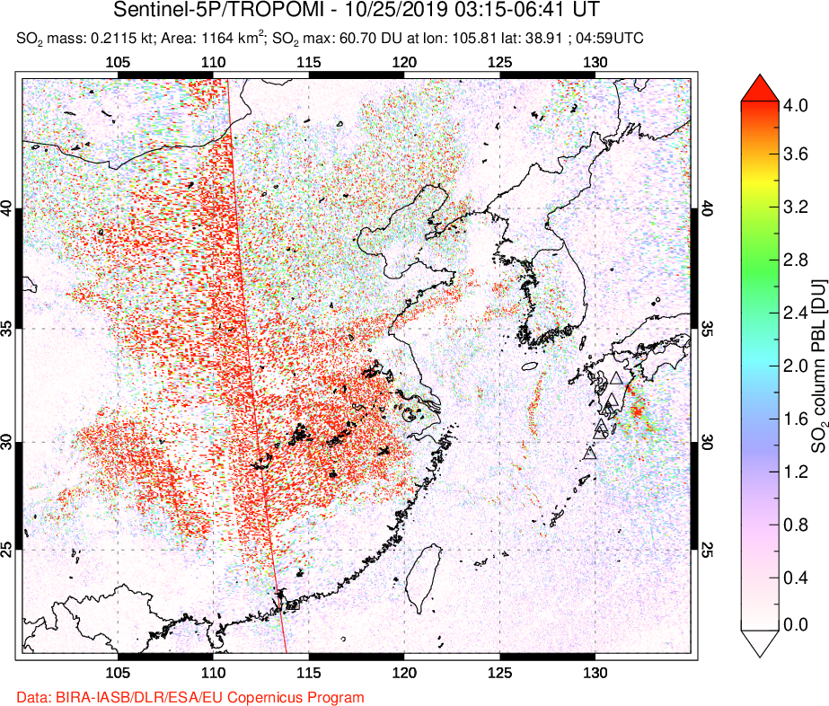 A sulfur dioxide image over Eastern China on Oct 25, 2019.