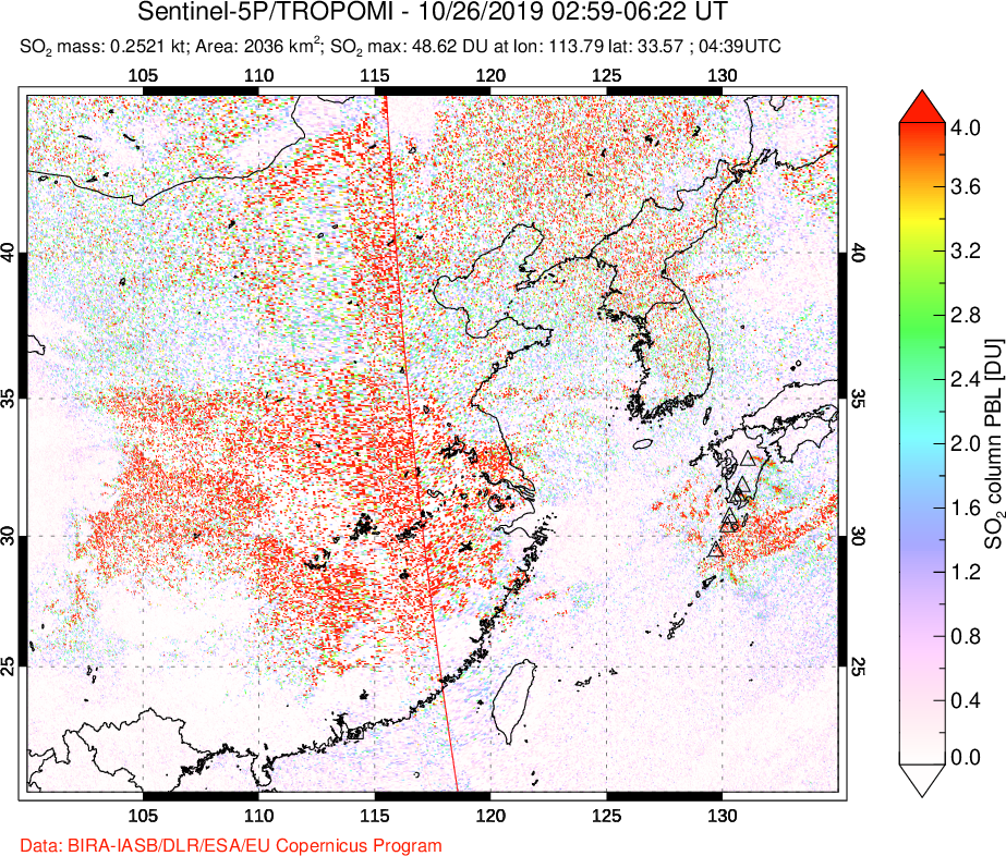 A sulfur dioxide image over Eastern China on Oct 26, 2019.
