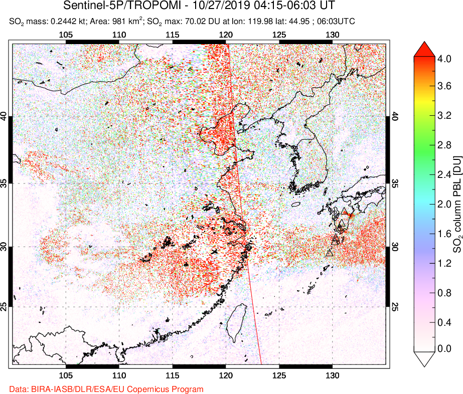 A sulfur dioxide image over Eastern China on Oct 27, 2019.