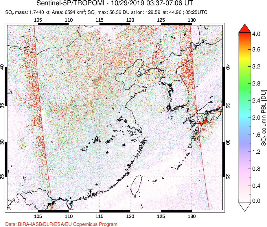 A sulfur dioxide image over Eastern China on Oct 29, 2019.