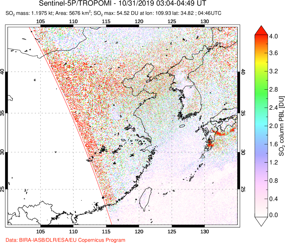 A sulfur dioxide image over Eastern China on Oct 31, 2019.