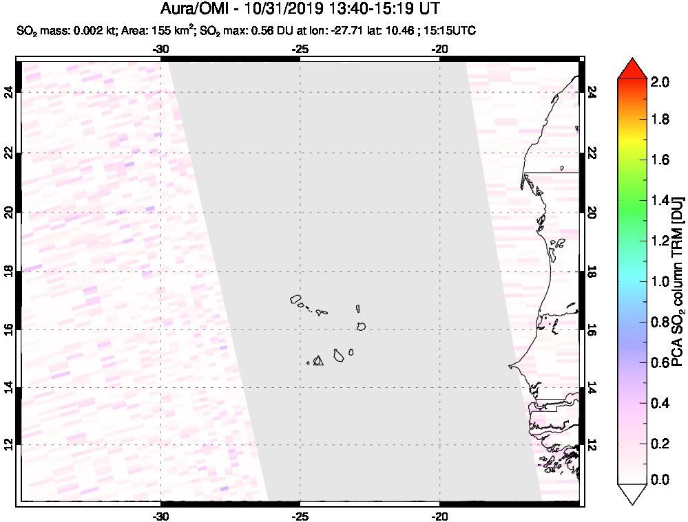 A sulfur dioxide image over Cape Verde Islands on Oct 31, 2019.