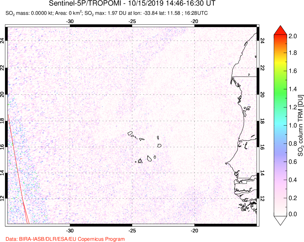 A sulfur dioxide image over Cape Verde Islands on Oct 15, 2019.