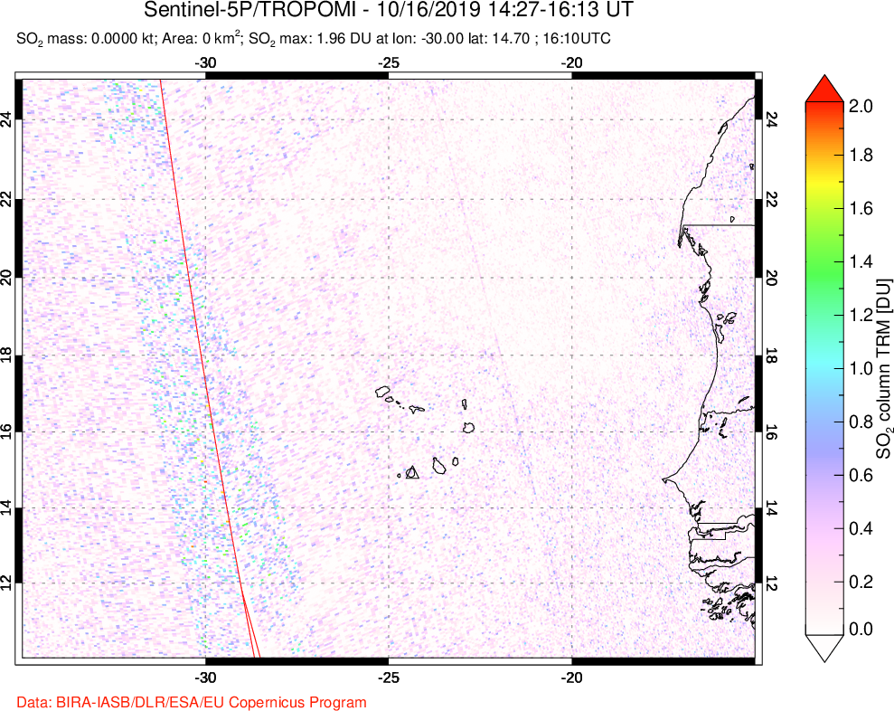 A sulfur dioxide image over Cape Verde Islands on Oct 16, 2019.