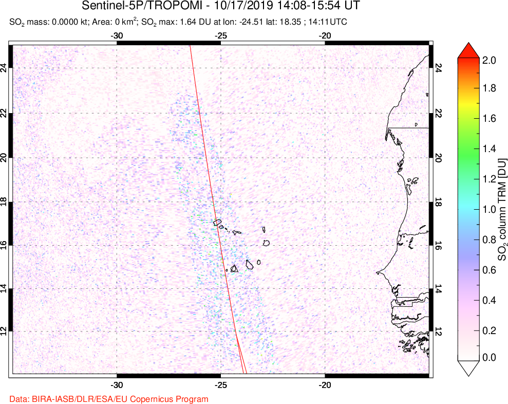 A sulfur dioxide image over Cape Verde Islands on Oct 17, 2019.