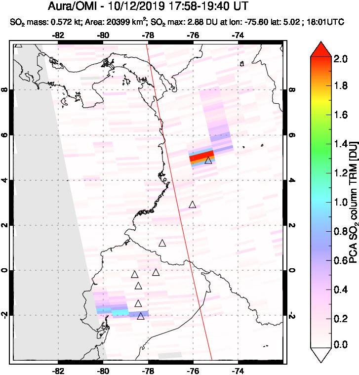A sulfur dioxide image over Ecuador on Oct 12, 2019.