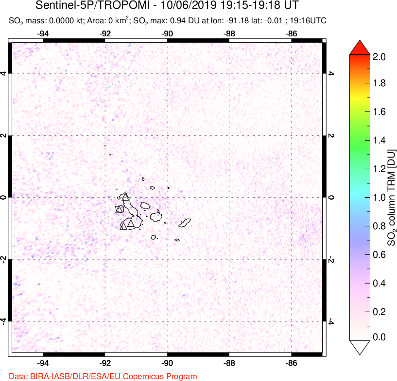 A sulfur dioxide image over Galápagos Islands on Oct 06, 2019.