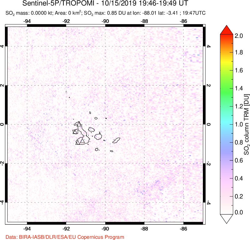 A sulfur dioxide image over Galápagos Islands on Oct 15, 2019.