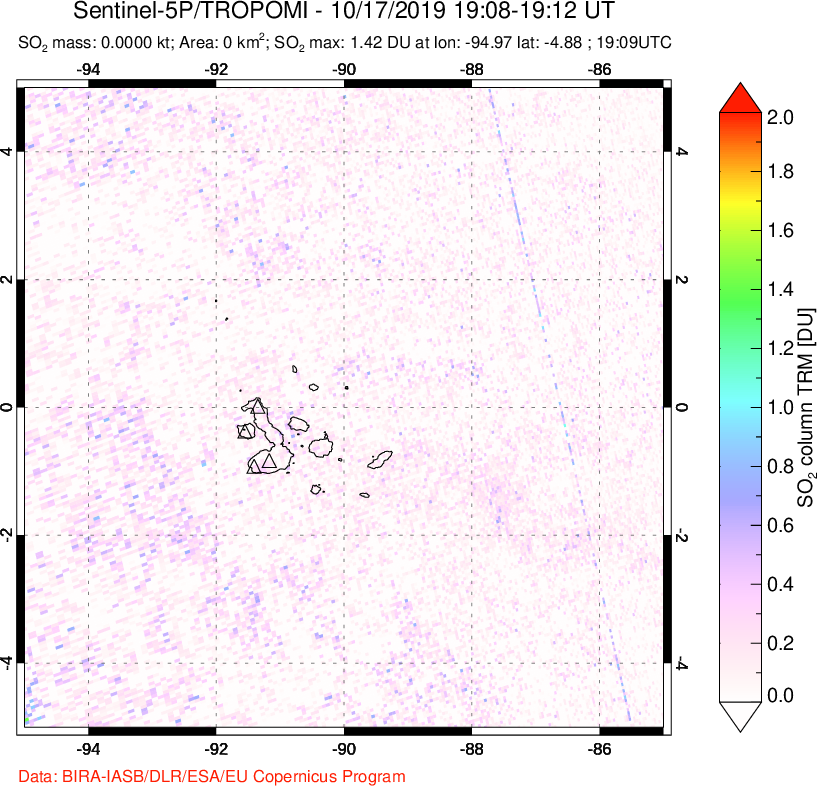 A sulfur dioxide image over Galápagos Islands on Oct 17, 2019.