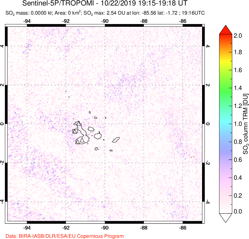 A sulfur dioxide image over Galápagos Islands on Oct 22, 2019.