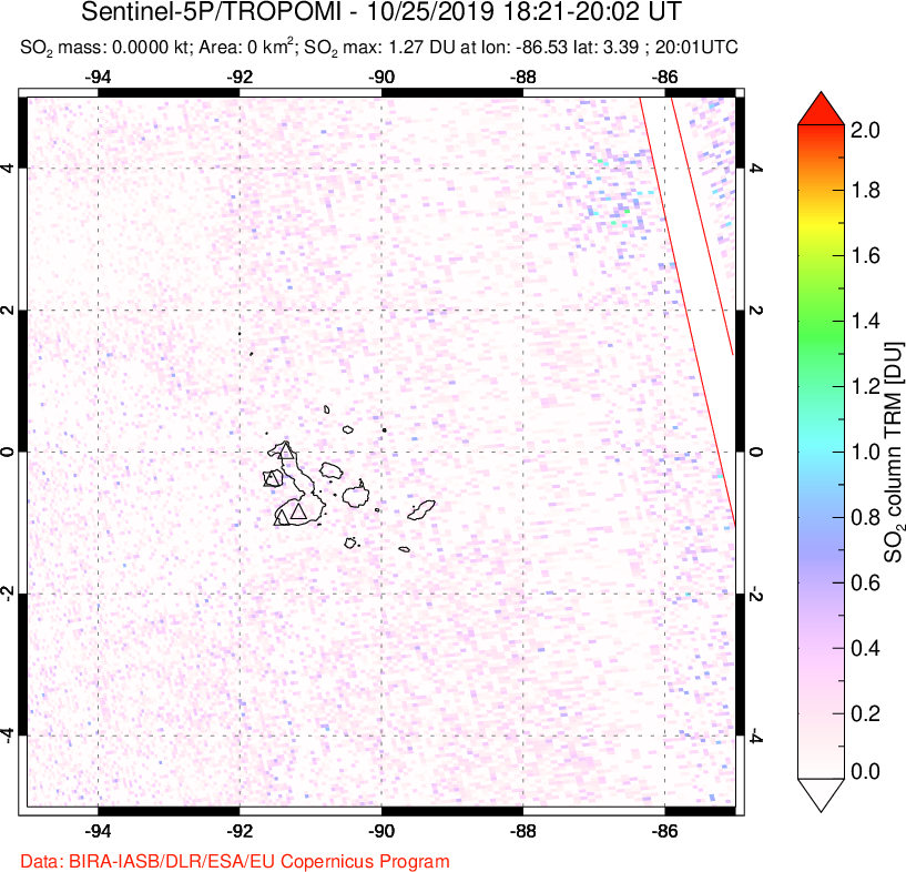 A sulfur dioxide image over Galápagos Islands on Oct 25, 2019.