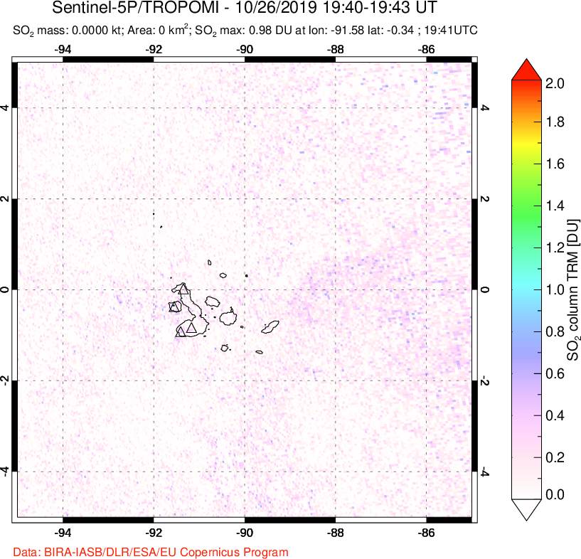 A sulfur dioxide image over Galápagos Islands on Oct 26, 2019.
