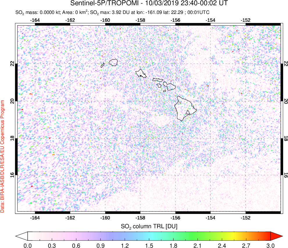 A sulfur dioxide image over Hawaii, USA on Oct 03, 2019.