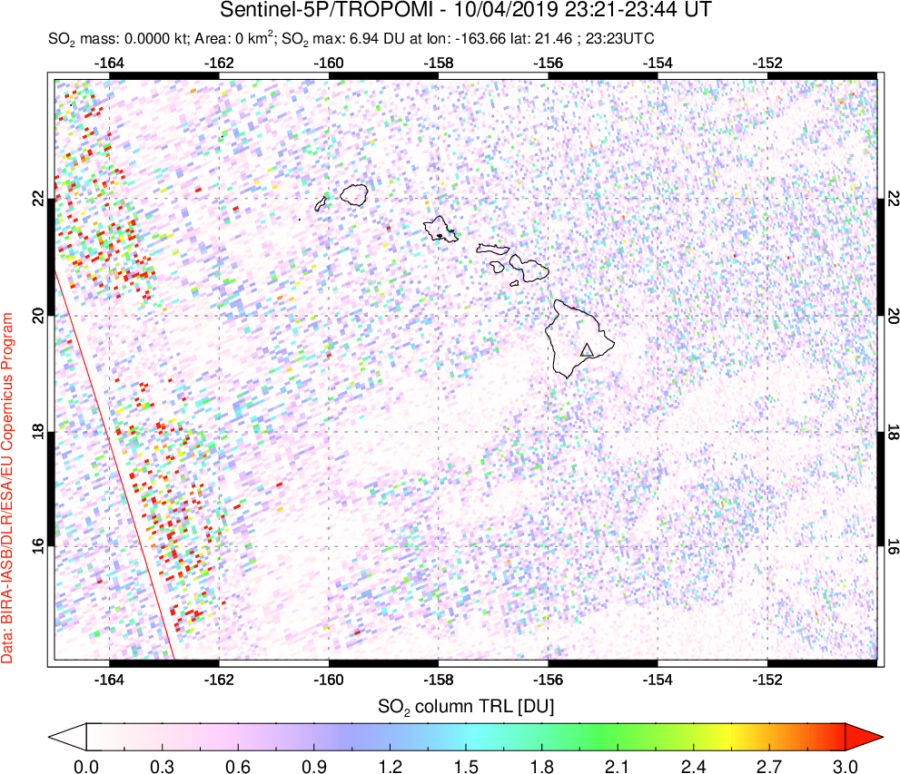 A sulfur dioxide image over Hawaii, USA on Oct 04, 2019.