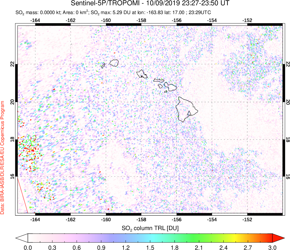 A sulfur dioxide image over Hawaii, USA on Oct 09, 2019.