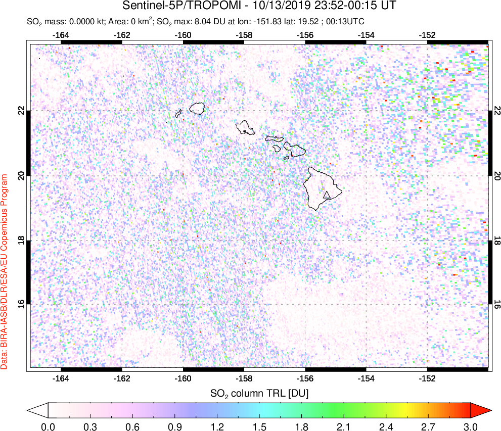 A sulfur dioxide image over Hawaii, USA on Oct 13, 2019.