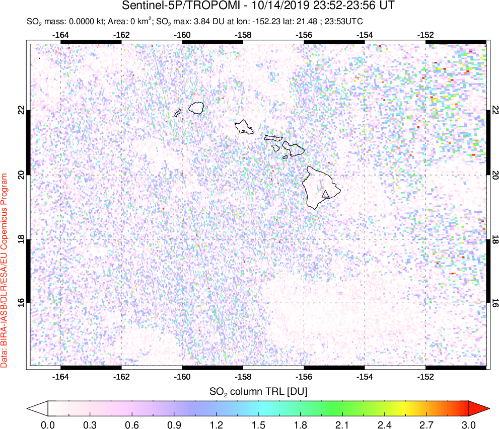 A sulfur dioxide image over Hawaii, USA on Oct 14, 2019.