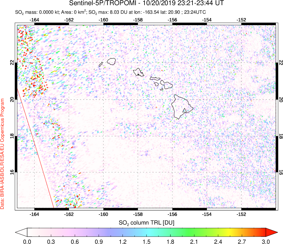 A sulfur dioxide image over Hawaii, USA on Oct 20, 2019.