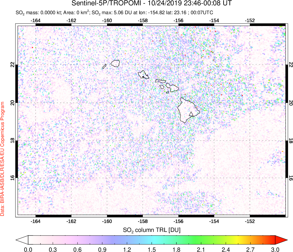 A sulfur dioxide image over Hawaii, USA on Oct 24, 2019.