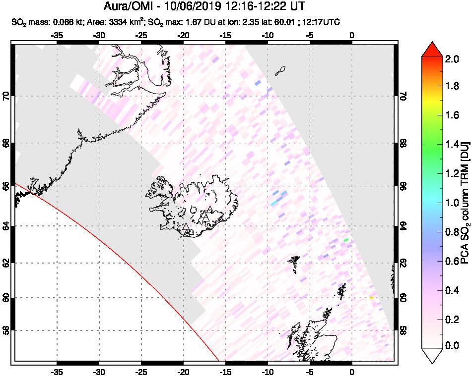 A sulfur dioxide image over Iceland on Oct 06, 2019.