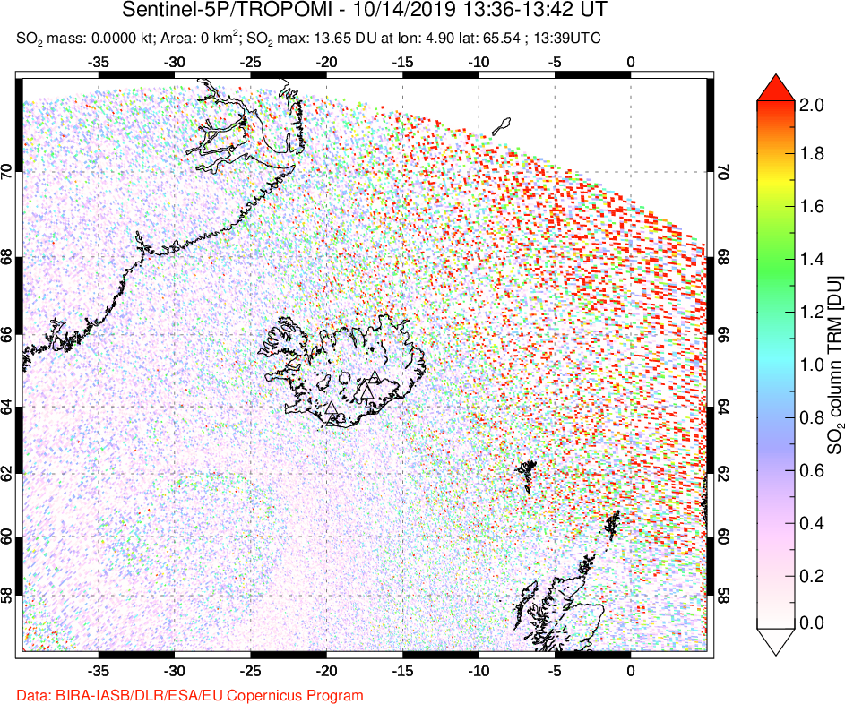 A sulfur dioxide image over Iceland on Oct 14, 2019.