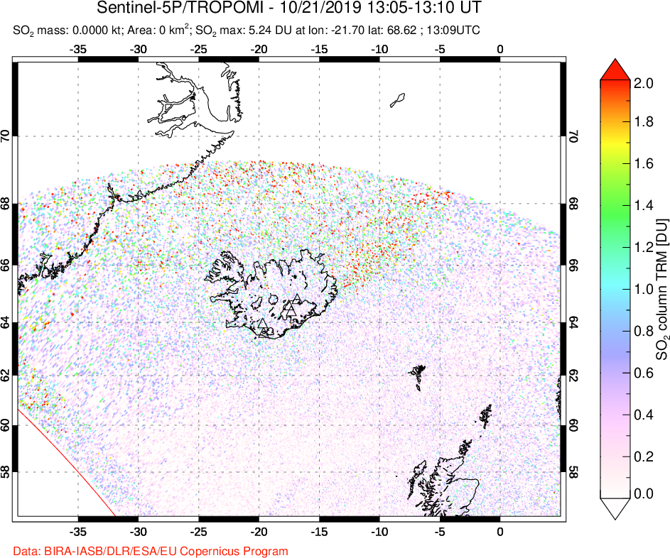 A sulfur dioxide image over Iceland on Oct 21, 2019.