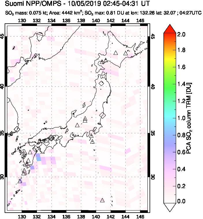 A sulfur dioxide image over Japan on Oct 05, 2019.