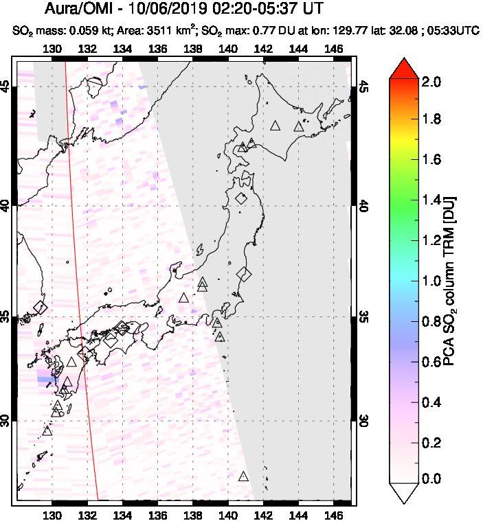 A sulfur dioxide image over Japan on Oct 06, 2019.